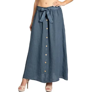 Caspar Faltenrock RO032 langer Maxi Sommer Leinenrock mit Holzknöpfe Dekor blau 42