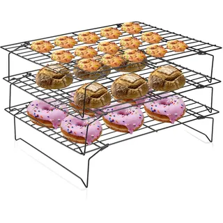 3-Stöckiges Kühlgestell Abkühlgitter Edelstahl Grillrost zum Kühlen von Kuchen Antihaftbeschichtung Einzeln oder Stapelbar zum Backen Braten Grillen, 34 x 24,5 x 7 cm