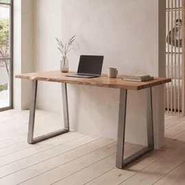 FineBuy Schreibtisch FineBuy Akazie Massivholz Metall Bürotisch Computertisch Baumkante