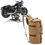 Set: Hebebühne Midlift L bis 680 kg sw ConStands mit Motorrad Rucksack Canvas VG8 Vintage 35Ltr braun