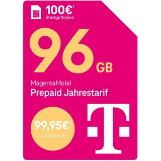 Telekom MagentaMobil Prepaid Jahrestarif 96 GB (8 GB/Monat) | 5G/LTE Max & Allnet Flat in alle dt. Netze | unverbrauchtes Datenvolumen weiter nutzen | EU Roaming & Hotspot Flat | 100 EUR Startguthaben