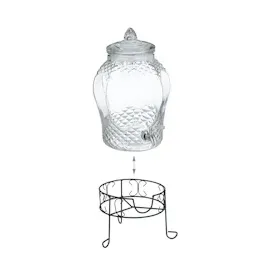 Relaxdays Getränkespender mit Ständer, Limobehälter 8L, Edelstahl Zapfhahn & Deckel, Wasserspender, Glas, transparent
