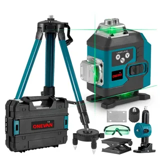 ONEVAN Laserwasserwaage 16 Linien Laser Level 4° Selbstnivellierend, 4 x 360° Laser Level, 2x Akku + Stativ, für Innenbau, Fliesen & Holz blau