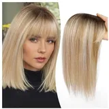 Haartopper für Frauen 12-Zoll-Topper aus Echthaar mit Pony, 10 × 12 cm, Topper mit Spitzenbasis, Haarteile, gerader Clip-in-Topper aus Echthaar for Frauen mit dünner werdendem Haar/Haarausfall Haartei