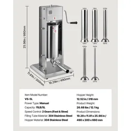Vevor manueller Wurstfüller 5 L vertikale Wurstfüllmaschine Fleischfüller mit 2 Geschwindigkeiten (schnell / langsam), Hochleistungsfüller aus ...