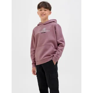 Jack & Jones Junior "JCOTIER FRONT PRINT SWEAT HOOD JNR", Jungen, Gr. 164, lila (grape shake), angeraute Sweatware, Obermaterial: 70% Baumwolle, 30% Polyester, bedruckt, modisch, relaxed fit, Langarm Rippbündchen, Sweatshirts