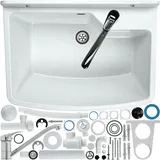 GOSPO Ausgussbecken mit stehende Armatur, Waschbecken 61 cm x 44 cm x 23,5 cm, Waschtrog mit Überlauf und Siphon, Spülbecken inkl. Zubehör, Waschraum (Weiß)
