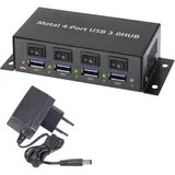 Renkforce 4 Port USB 3.2 Gen 1-Hub (USB 3.0) Metallgehäuse, einzeln schaltbar, zur Wandmontage Schwarz