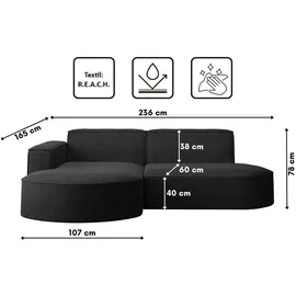 Kaiser Möbel Ecksofa, Sofa L form, Couch L form MODENA L STUDIO stoff Verita Anthrazit Links
