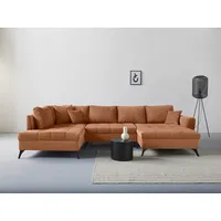 Wohnlandschaft INOSIGN "Lörby U-Form" Sofas Gr. B/H/T: 339cm x 90cm x 190cm, Feincord, Ottomane links, Feincord, orange (terra) auch mit Aqua clean-Bezug, feine Steppung im Sitzbereich, lose Kissen