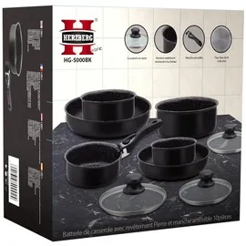 HERZBERG HG-5000: 10-Teiliges Kochgeschirrset mit Marmorbeschichtung schwarz - Schwarz