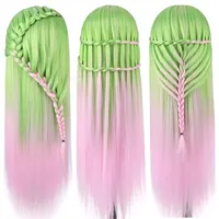 TopDirect 75cm/29.5 Zoll Trainingsköpfe für Friseure Übungskopf Friseurkopf Friseur Puppe Mannequin kopf 100% Synthetisches Haar mit Tischhalter + Haar Styling Braid Set, Cyan + Rosa