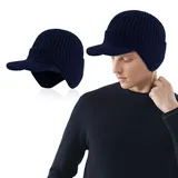 SKHAOVS Schirmmütze für Herren,Warm gefütterte Herren Strickmütze mit verdickter Entenzunge,Wollcap,Baseballmütze mit Ohrenschutz,Wintercap,Herbst und Winter im Freien(Marineblau) - L-XL