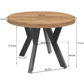 dekori.interiors Runder Ausziehbarer Tisch für Esszimmer, Pero, Loft-Stil, Skandinavische, Durchmesser: 110 / 210 cm, Eiche Craft Golden / Schwarz - Braun