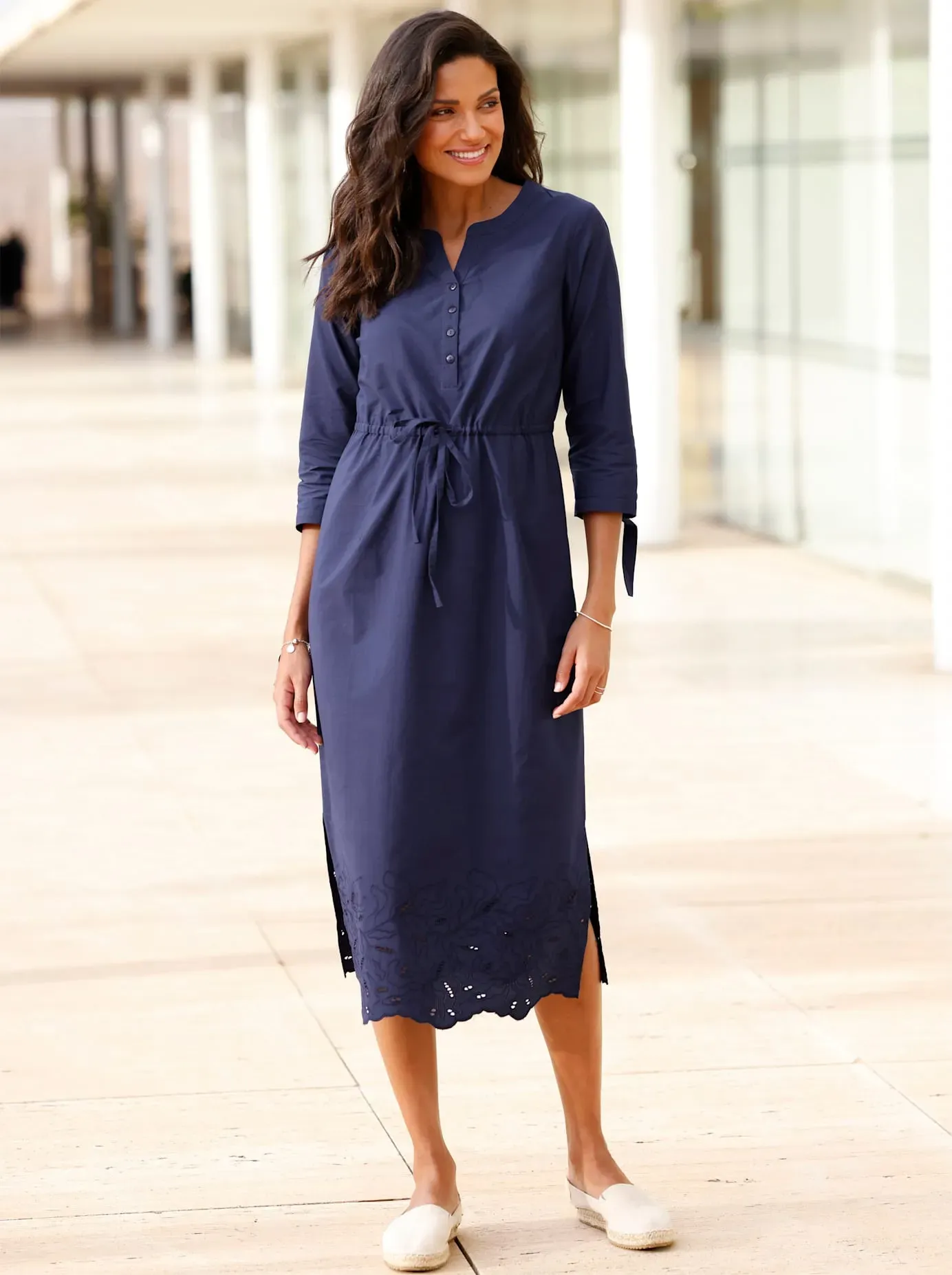 A-Linien-Kleid CLASSIC BASICS "A-Linien-Kleid", Damen, Gr. 54, Normalgrößen, blau (marine), 100% Baumwolle, unifarben, gemustert, wadenlang, Rundhals, 3/4-Ärmel, Kleider