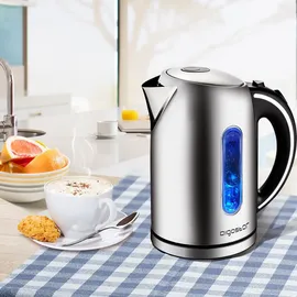 Aigostar King - Wasserkocher Edelstahl 1,7 liter, Elektrischer Wasserkocher mit Kalkfilter, LED Beleuchtung Wasserstandsanzeige, 2200 Watt, Verdecktes Heizelement, Abschaltautomatik, BPA frei