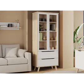 Forte VANKKA Stauraumvitrine", planked eiche, weiß, B:84,7cm H:201,5cm T:42cm, Spanplatte, Schränke, Vitrine, 2 Glastüre, Grifflos, zeitloses Design, 2 Schubkästen
