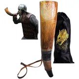 FENRIR Wikinger-Kriegshorn, 45,7 cm, echtes Ochsen-Blashorn, Schlachttrompete mit Lederband, Jarl & Kompass Finish, FNR_27