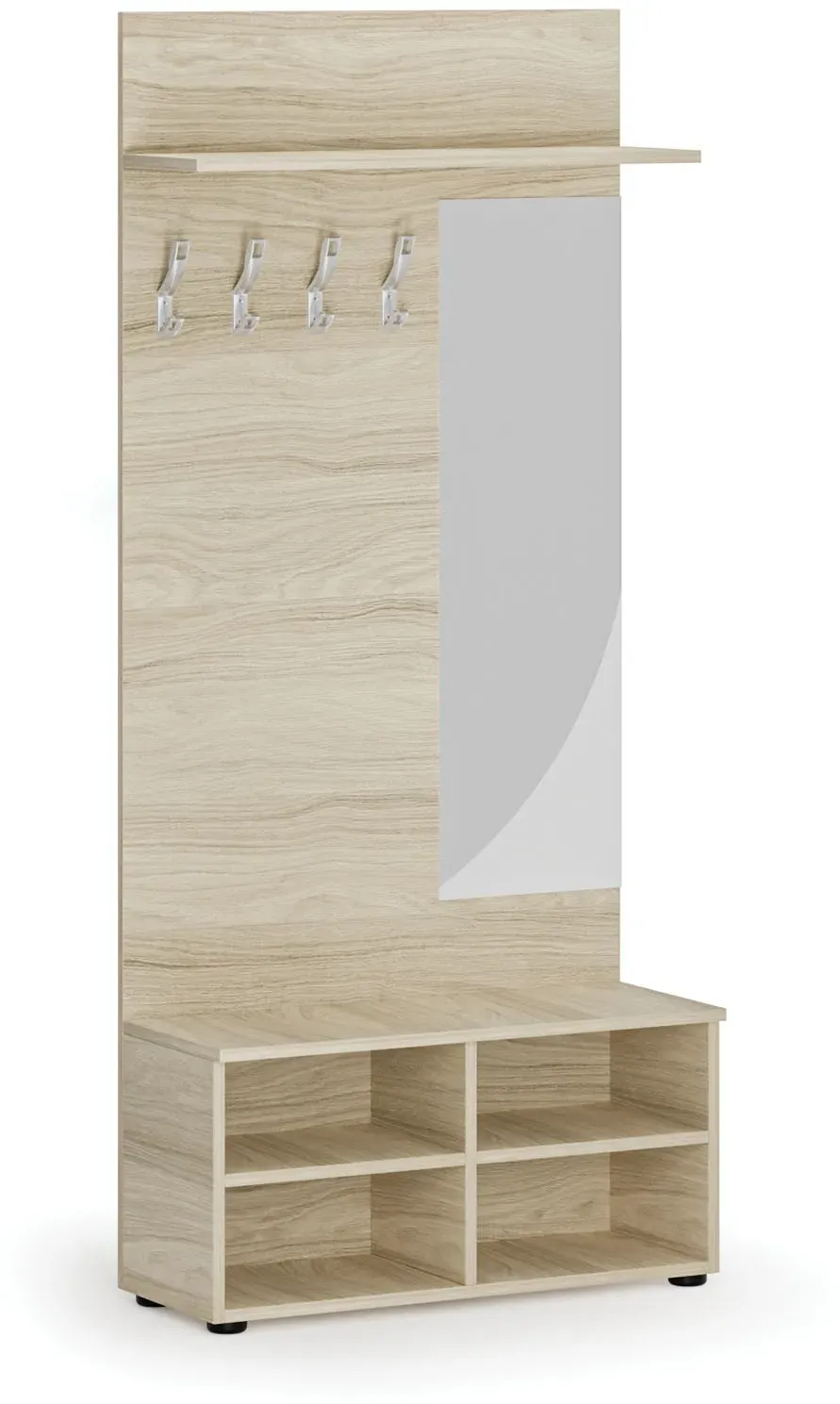 Garderobenwand HORIZONT, Schuhregal + Spiegel, 4 Haken, Ablage, Holzstruktur horizontal, Eiche natur