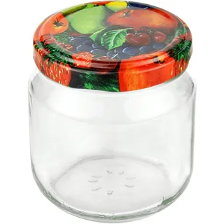 Mambocat 24er Set Rundglas 212 ml nieder To 66 Obst Dekor Deckel incl. Diamant Gelierzauber Rezeptheft,