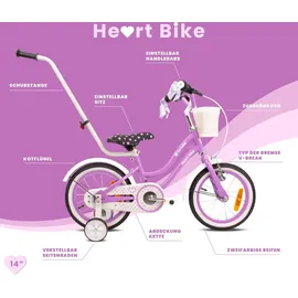 SUN BABY Mädchenfahrrad 14 Zoll Glocke Zusatzräder Schubstange Heart Bike violett