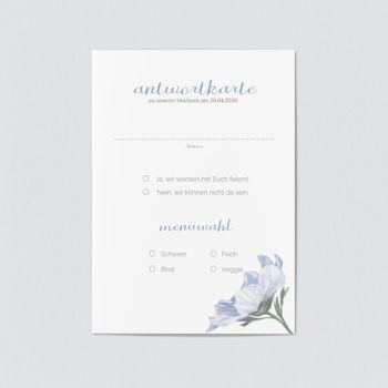 Antwortkarten Hochzeit (5 Karten) selbst gestalten, Zarte Blüte eins, in Flieder - Blau