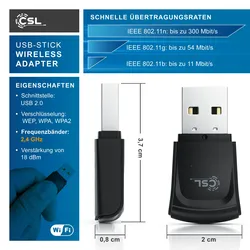 CSL WLAN 300 Mbit/s USB Stick Adapter - WiFi Adapter - Verschlüsselung WEP WPA WPA2 - 2,4 Ghz 2T2R - Verstärkung 18 dBm - für Windows 7 - 11