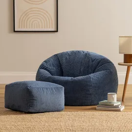 I.C.O.N. Icon Sitzsack mit Hocker Cord, Denimblau, Sitzsack Erwachsene mit Füllung, Bean Bag, Cord Sessel, Lounge Sessel, Lounge Stuhl, Schlafzimmer, Wohnzimmer, Wohnzimmer Möbel