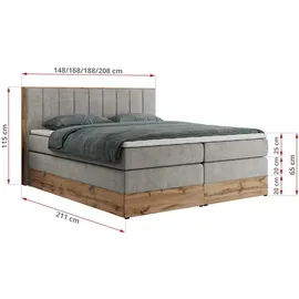 MKS Meble King Boxspringbett 160x200 mit Bettkasten Eiche, Polsterbett mit Matratze H3, Bett mit Rahmen in Wotan Eiche und Kopfteil... - Hellgrau