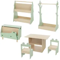 Joyz Kindersitzgruppe Kindersitzgruppe Kinderregal Bücherregal Kleiderständer Kleiderstange, Set aus MDF Tisch 2 Stühlen mit Ablage & Kiste beige|grün