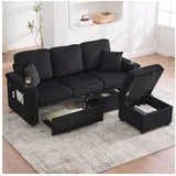 BlingBin Sofa Loungesofa mit LED-Beleuchtung & USB-C-Port, mit 2 Schubladen Stauraum-Fußteil, Getränkehaltern und Seitentaschen 1 Teile, für Wohnzimmer, Schlafzimmer, Büro schwarz