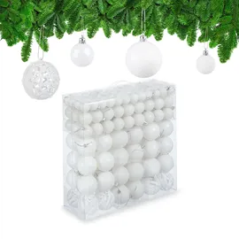 Relaxdays Weihnachtskugeln im 150er Set, glitzernde, Matte & glänzende Christbaumkugeln, Kunststoff, ∅ 3, 4 & 6 cm, weiß