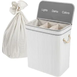 Relaxdays Wäschekorb mit Deckel, 3 Fächer, Bambus, 105 l, faltbar, HxBxT: 63 x 52 x 32 cm, Wäsche Sortiersystem, weiß