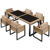 Refined Living Gartenlounge-Set Polyrattan Garten-Essgruppe für 6 Personen, Polyrattan Esstisch, (Wetterfestes Esstisch-Set mit Stühlen & abnehmbaren Kissen, Gartenmöbel Set, Garten-Essgruppe, Essgruppe 6 Personen, Esstisch mit Stühlen, Outdoor Essgruppe, Rattan Sitzgruppe, mit Glasplatte, 7-tlg., Großzügiger Esstisch mit 6 Stühlen, mit UV-beständiges PE-Rattan), für Garten & Terrasse, Balkon & Veranda, Poolbereich,Outdoor beige|braun|schwarz