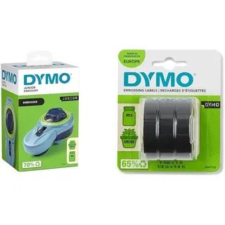 DYMO Junior Etikettenprägegerät & Original Prägeband | 3D weiß auf schwarz | 9 mm x 3 m | selbstklebendes Kunststoff Etikettenband | für Junior & Omega Beschriftungsgerät | 3 Prägebänder