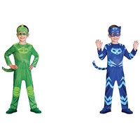 amscan 9902957 - Kinderkostüm PJ Masks Gecko, Jumpsuit und Maske, Superhelden, Grün & 9902954 - Kinderkostüm PJ Masks Catboy, Jumpsuit und Maske, Superhelden