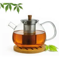 Teekanne aus Glas mit Edelstahl-Sieb Unterteller Dobin – 1,5 Liter – Borosilikatglas & Bambus Unterteller – Tropffrei, Hitzebeständig, Spülmaschinenfest (Teekanne)