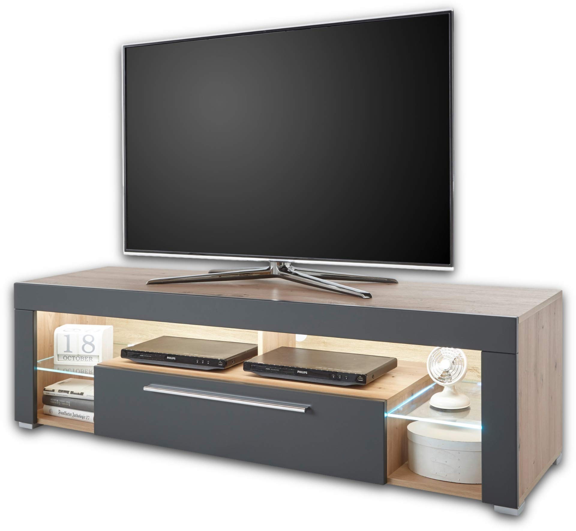 GOAL Lowboard in Artisan Eiche Optik, Grau mit LED-Beleuchtung - hochwertiges TV-Board mit viel Stauraum für Ihr Wohnzimmer - 153 x 44 x 44 cm (B/H/T)