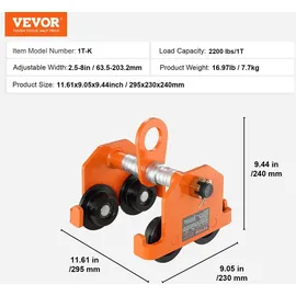 Vevor Laufkatze 1Tonnen Tragfähigkeit Hallenkran 63,5-203,2mm Einstellbare Breite Kran 295x230x240mm Rollfahrwerk Doppelrad-Design Handfahrwerk für I- und H-Trägern Hallenkran Ladekran