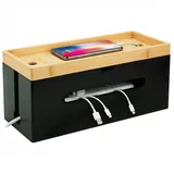 Relaxdays Kabelbox Bambus, HBT 16x34x13,5 cm, für 6fach Steckdose, Kabelversteck m. Deckel & Kabelbindern, Natur/schwarz