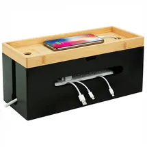 Relaxdays Kabelbox Bambus, HBT 16x34x13,5 cm, für 6fach Steckdose, Kabelversteck m. Deckel & Kabelbindern, Natur/schwarz