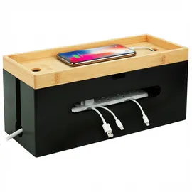 Relaxdays Kabelbox Bambus, HBT 16x34x13,5 cm, für 6fach Steckdose, Kabelversteck m. Deckel & Kabelbindern, Natur/schwarz