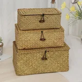 YSGLIFE Set mit 3 Seegras Gewebt Rattan Rechteckiger Ablagekorb Aufbewahrungsbox mit Deckel Mehrzweck Organizer Boxen für Kleidung, Make-up, Bücher und Regale (Klein/Mittel/Groß)