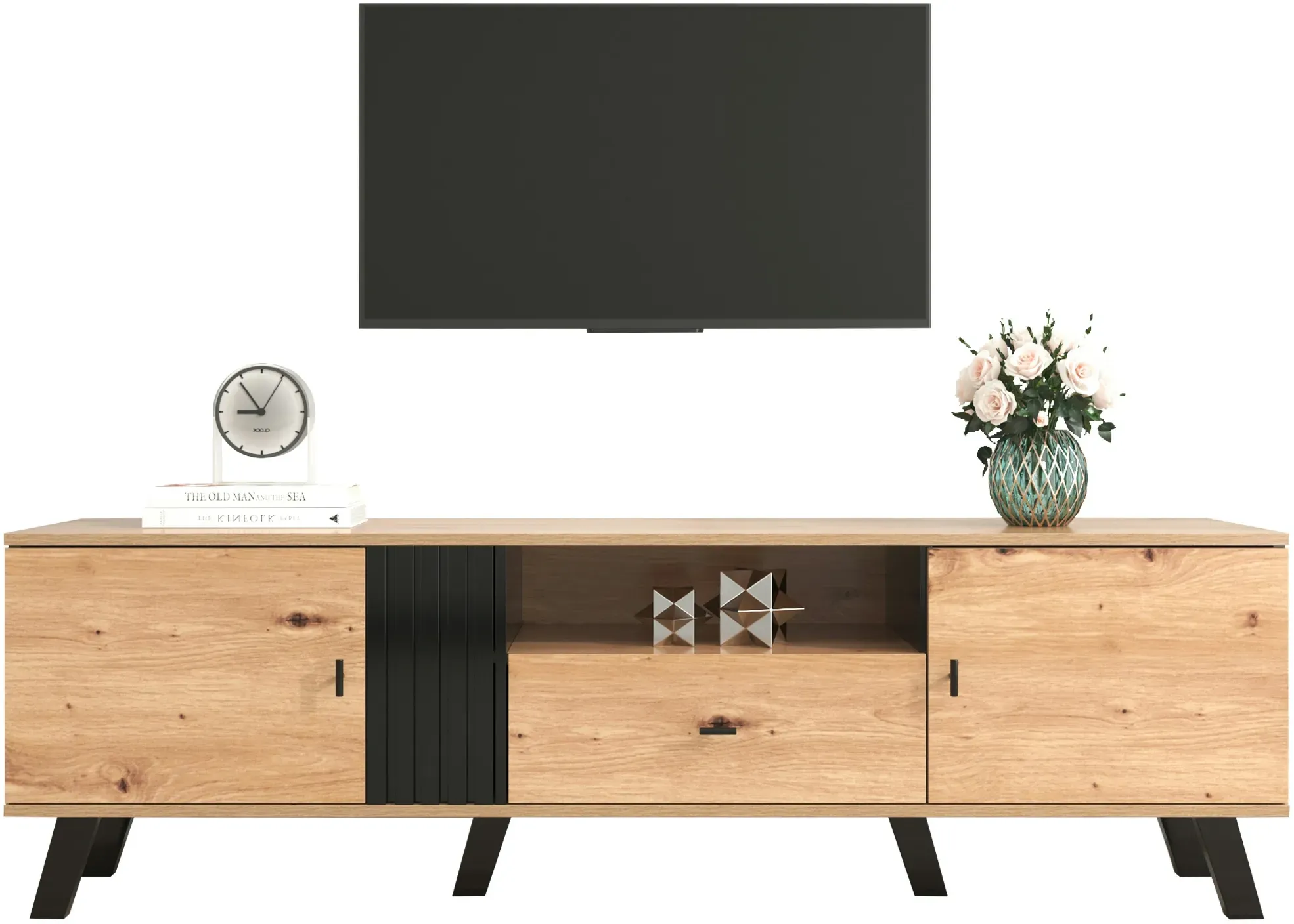 Merax 172cm TV-Schrank mit Holz- und Schwarzdesign,TV-Möbel, Lowboard mit Schubladen, Vielfältige Aufbewahrungsfunktionen