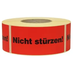 Warn- und Hinweisetiketten 145x70mm, aus Papier rot, mit Aufdruck Nicht stürzen