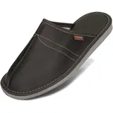 BeComfy Herren Leder Hausschuhe mit geformtem Fußbett Bequeme Pantoffeln für Zuhause und Entspannung Größen 40-46 EU (46, Schwarz) - 46 EU