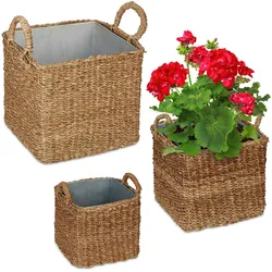 Relaxdays Pflanzkorb mit Zinkwanne 3er Set, verschiedene Größen, Pflanzgefäß Seegras, Garten, Balkon, Kübel eckig, natur