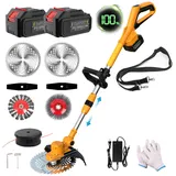 Akku Rasentrimmer mit 21v Akku, Rasentrimmer mit Unkrautbürste, mit 2×4.0AH Akku-Rasenkantenschneider,Elektro-Trimmer Verstellbarer Teleskop-Führungsholm für Garten, Hof (orange)