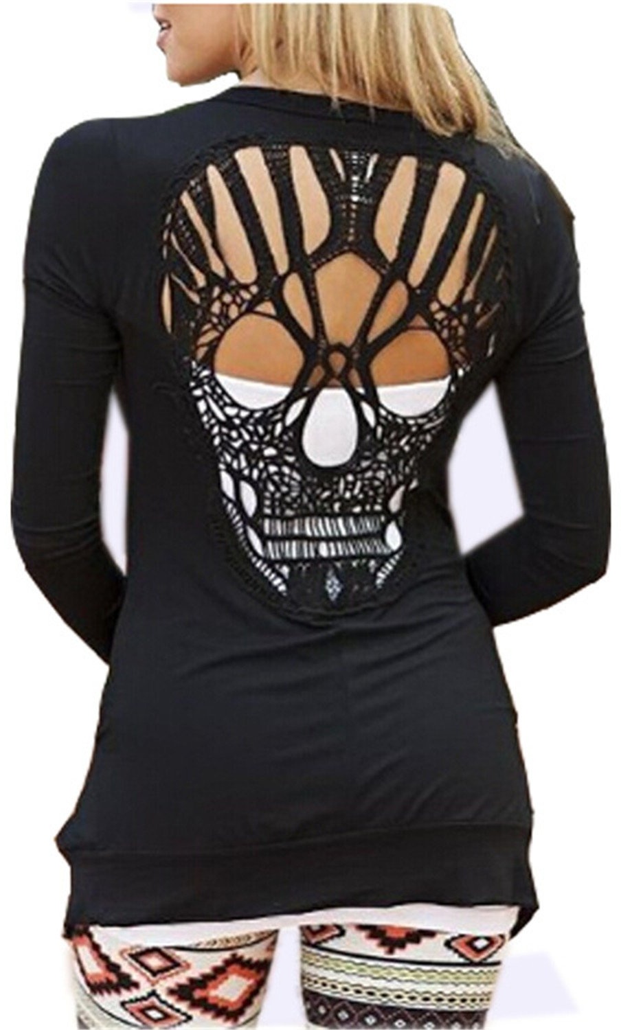 Hippolo Schädel aushöhlen Frauen Langarm Cardigans dünne Strickjacken Blusas Mujer Body Skull Top (XL, Schwarz)