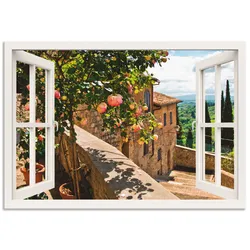Wandbild ARTLAND "Fensterblick Rosen auf Balkon Toskana", weiß (farbe bild(er): weiß), B:70cm H:50cm, Bilder, als Alubild, Outdoorbild, Leinwandbild, Poster, Wandaufkleber